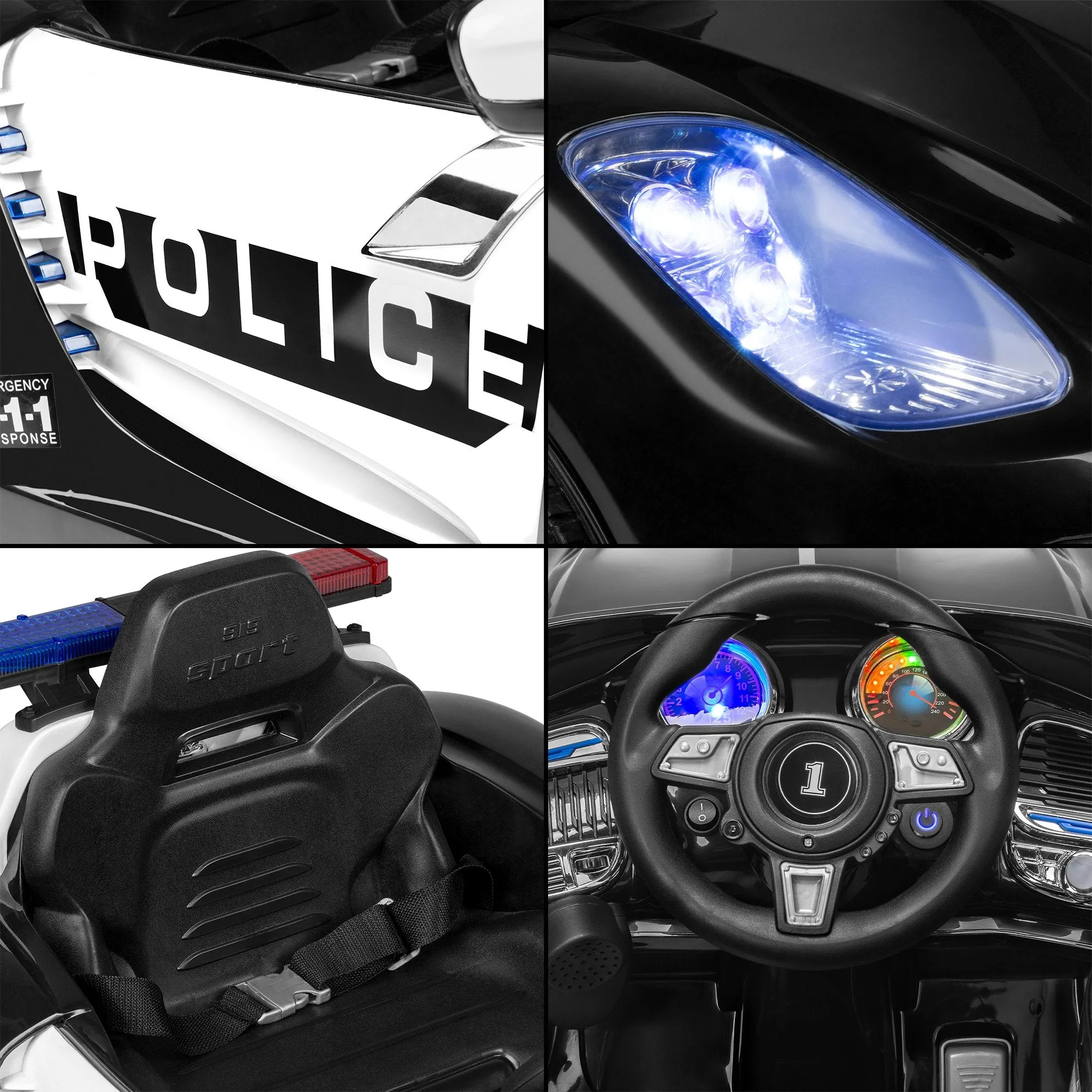 12V Kids Police Sports Car Ride-On w/ AUX Port, Parent Control, Sounds