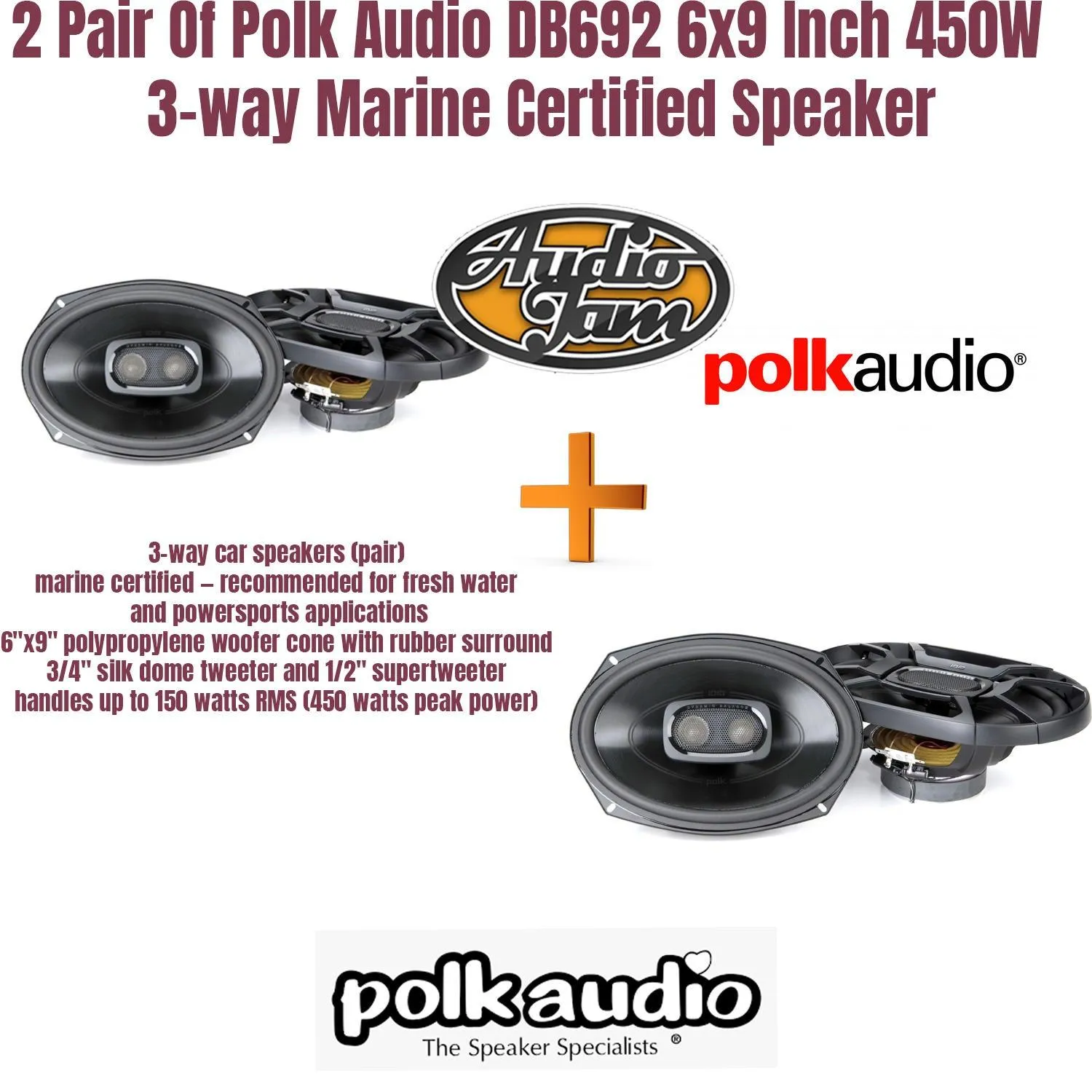 2 Pair Of Polk Audio DB692 DB  6x9-inch (DB 692) 900W Peak (300W RMS) 6"x9" DB  Series 3-way Car & Marine Coaxial Speakers