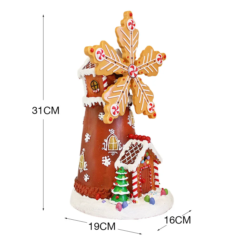 Animated Christmas Village Gingerbread House Rotating Windmill LED Lights Music