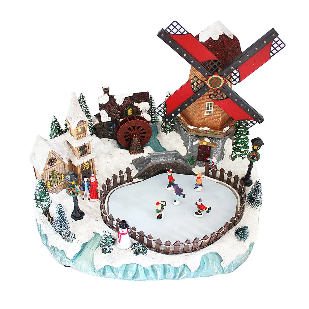 Animated Christmas Village Moving Windmill Skaters Waterwheel LED Lights Music