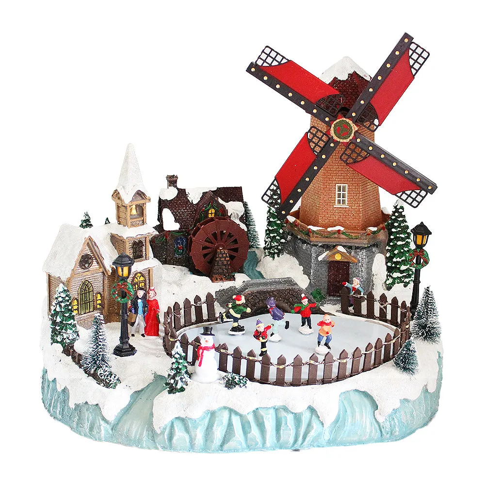 Animated Christmas Village Moving Windmill Skaters Waterwheel LED Lights Music