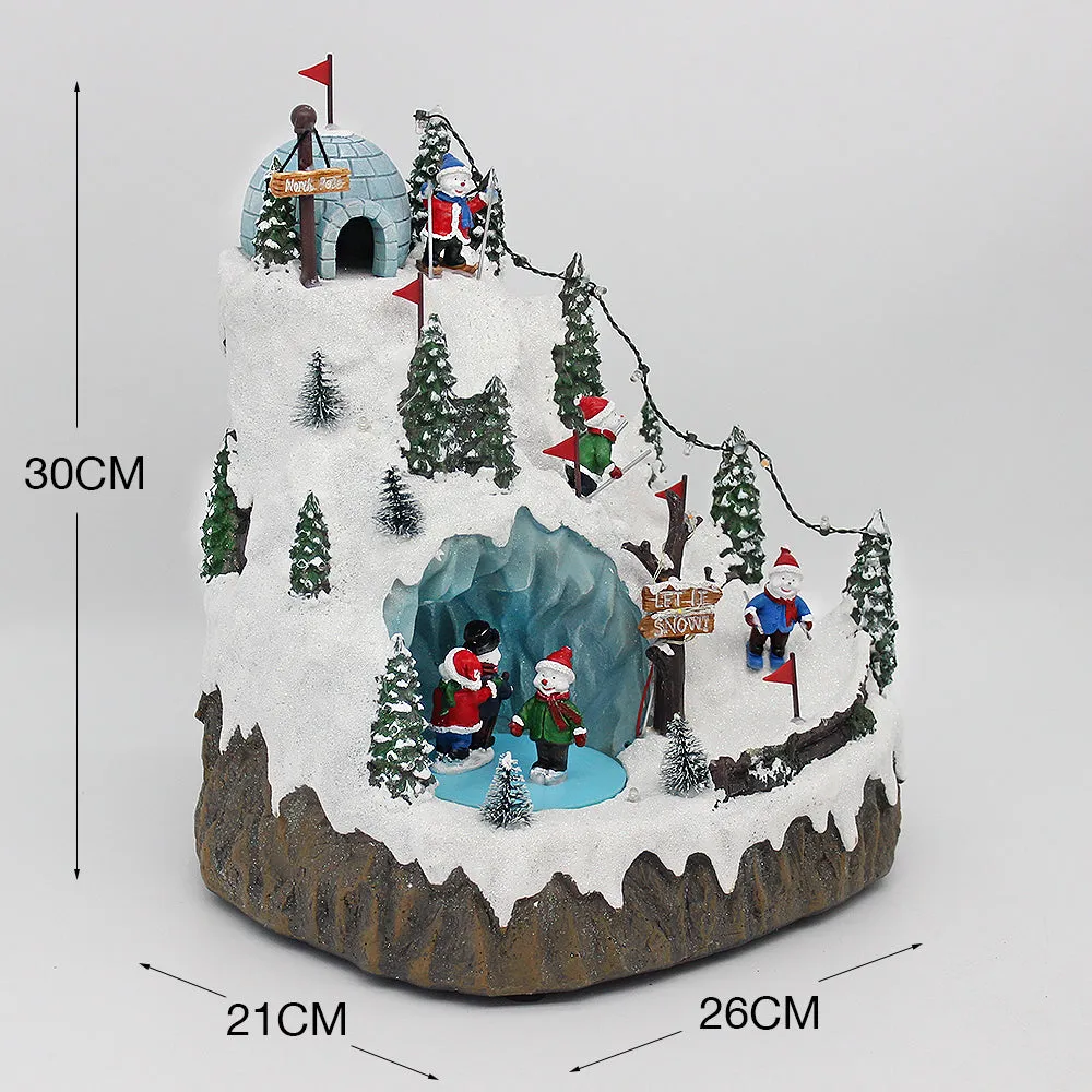 Animated Christmas Village North Pole Skiing Skating Snowman LED Lights Music