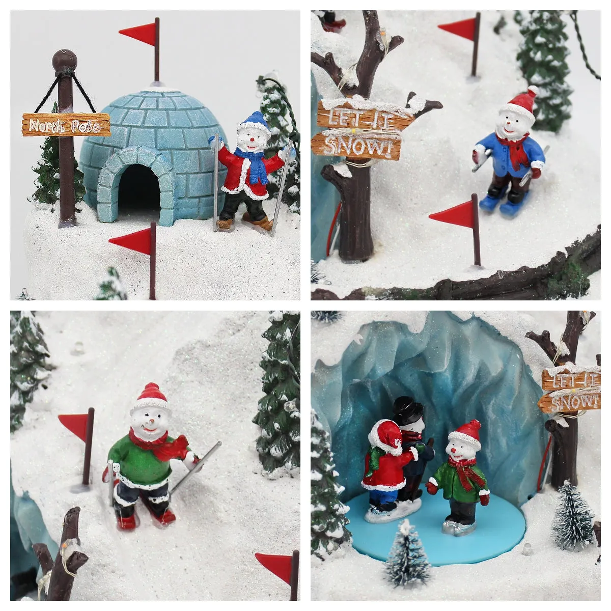 Animated Christmas Village North Pole Skiing Skating Snowman LED Lights Music