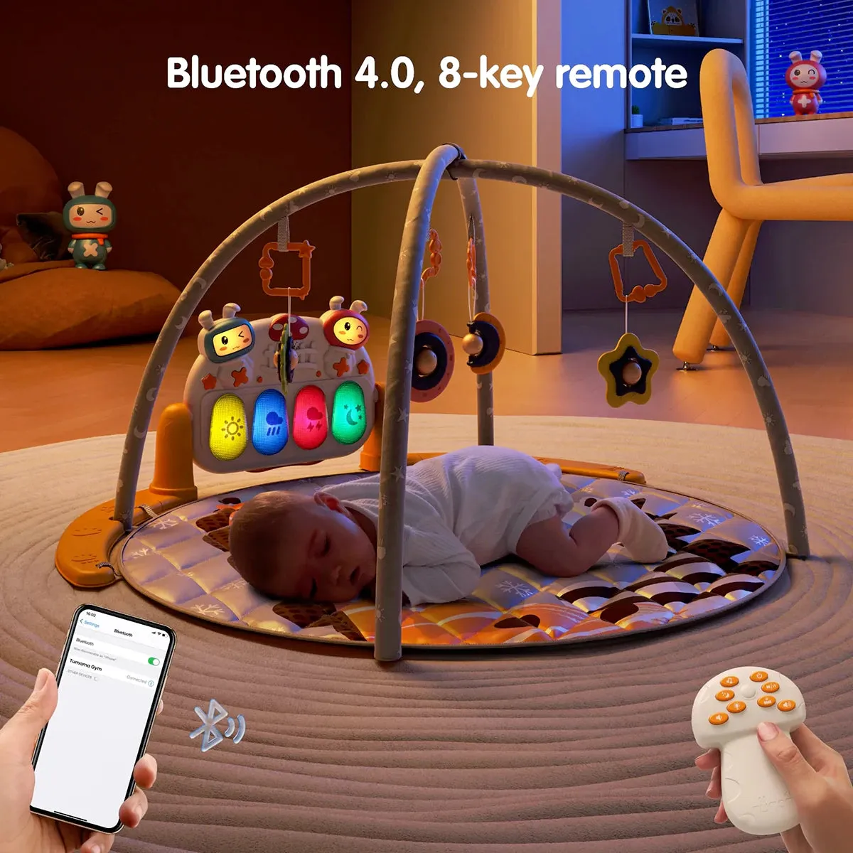 Baby play mat, play gym, bluetooth activity mat with hanging rattle lights and music, kick play toy for newborn 0 Month 