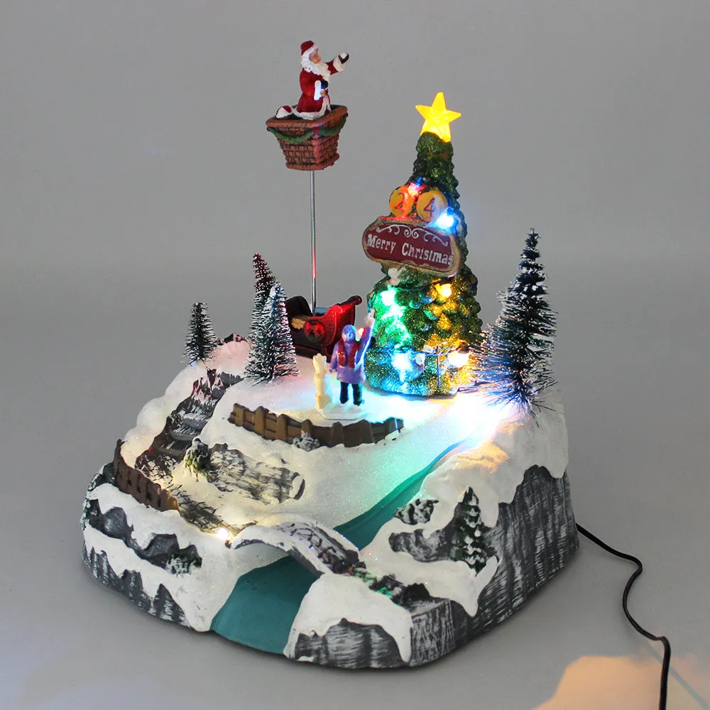 Christmas Village Snowy Hillside Animated Santa Christmas Tree LED Lights Music