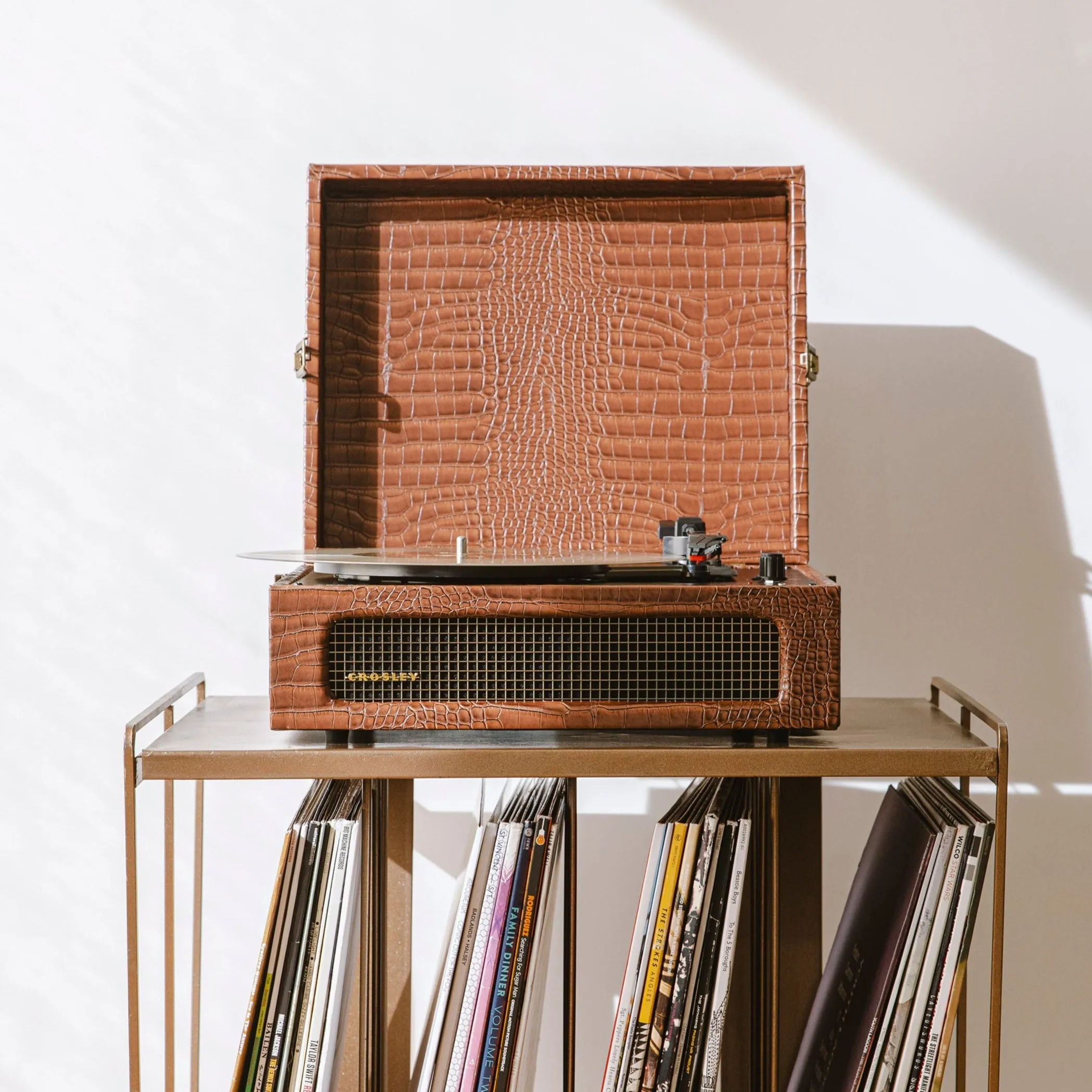 Crosley Voyager Bluetooth Portable Turntable - Brown Croc   Bundled Crosley Record Storage Display Stand