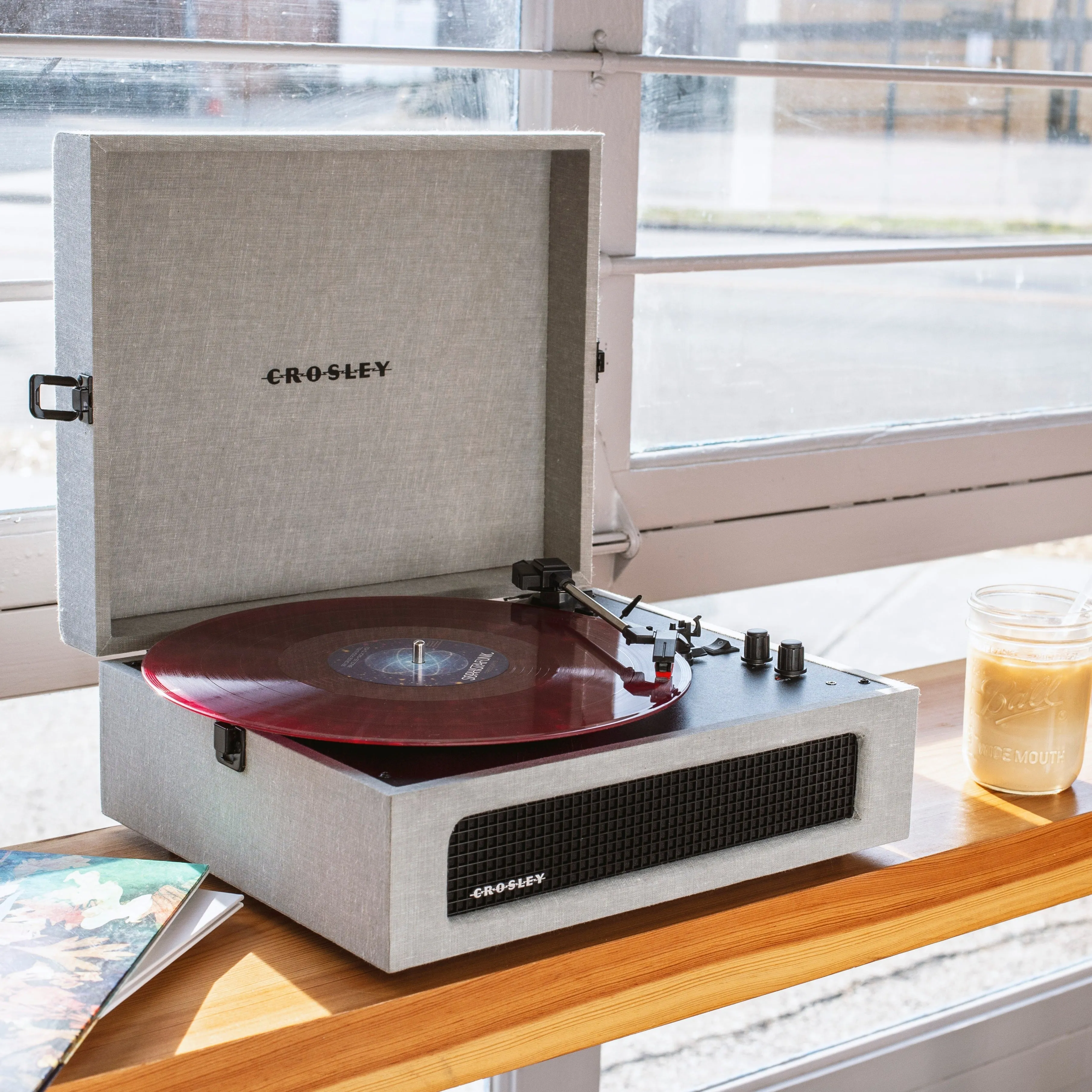 Crosley Voyager Bluetooth Portable Turntable - Grey   Bundled Crosley Record Storage Display Stand