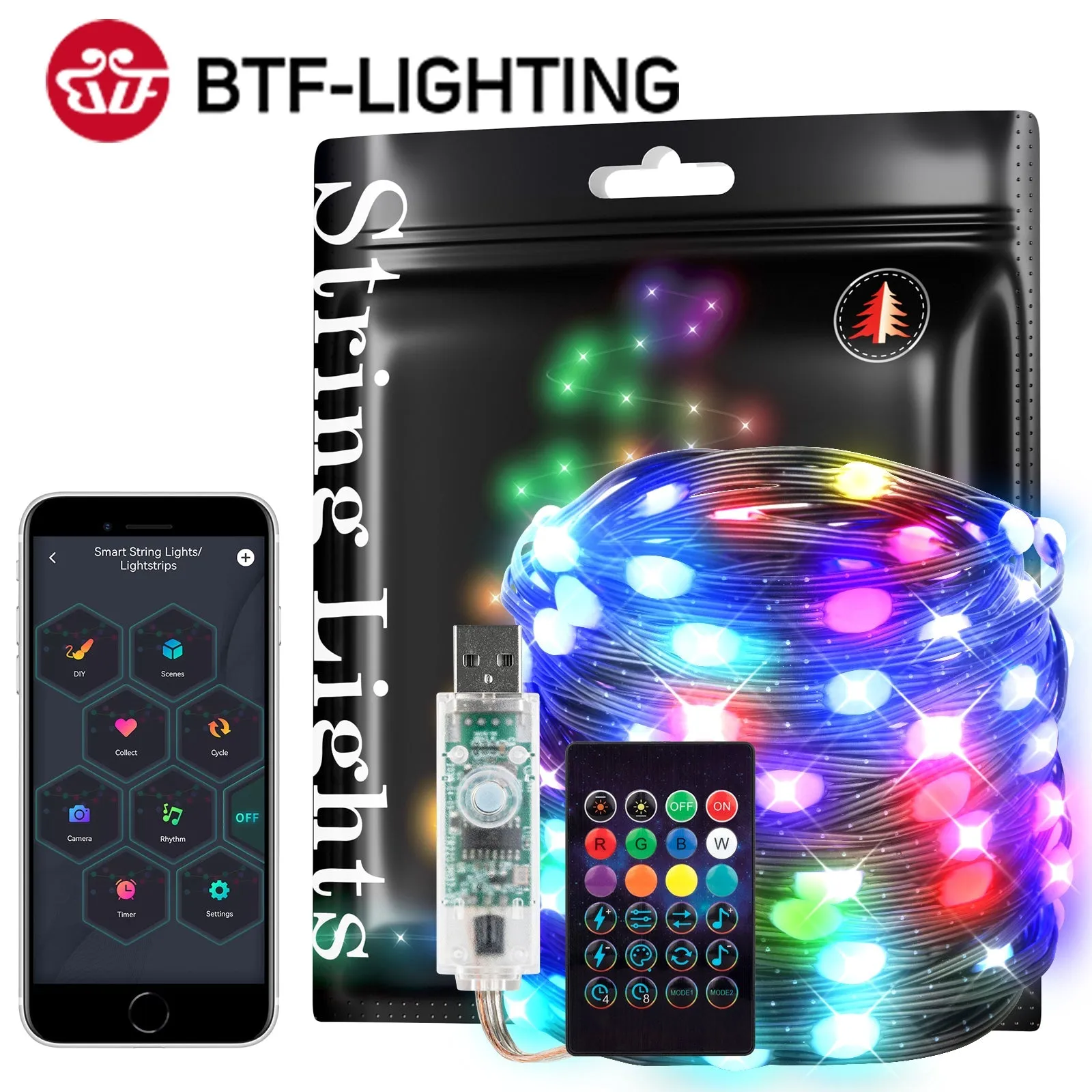 Dreamcolor Christmas Lights String BT Music WS2812B RGBIC Addressable Party Wedding Garland Outdoor USB DC5V