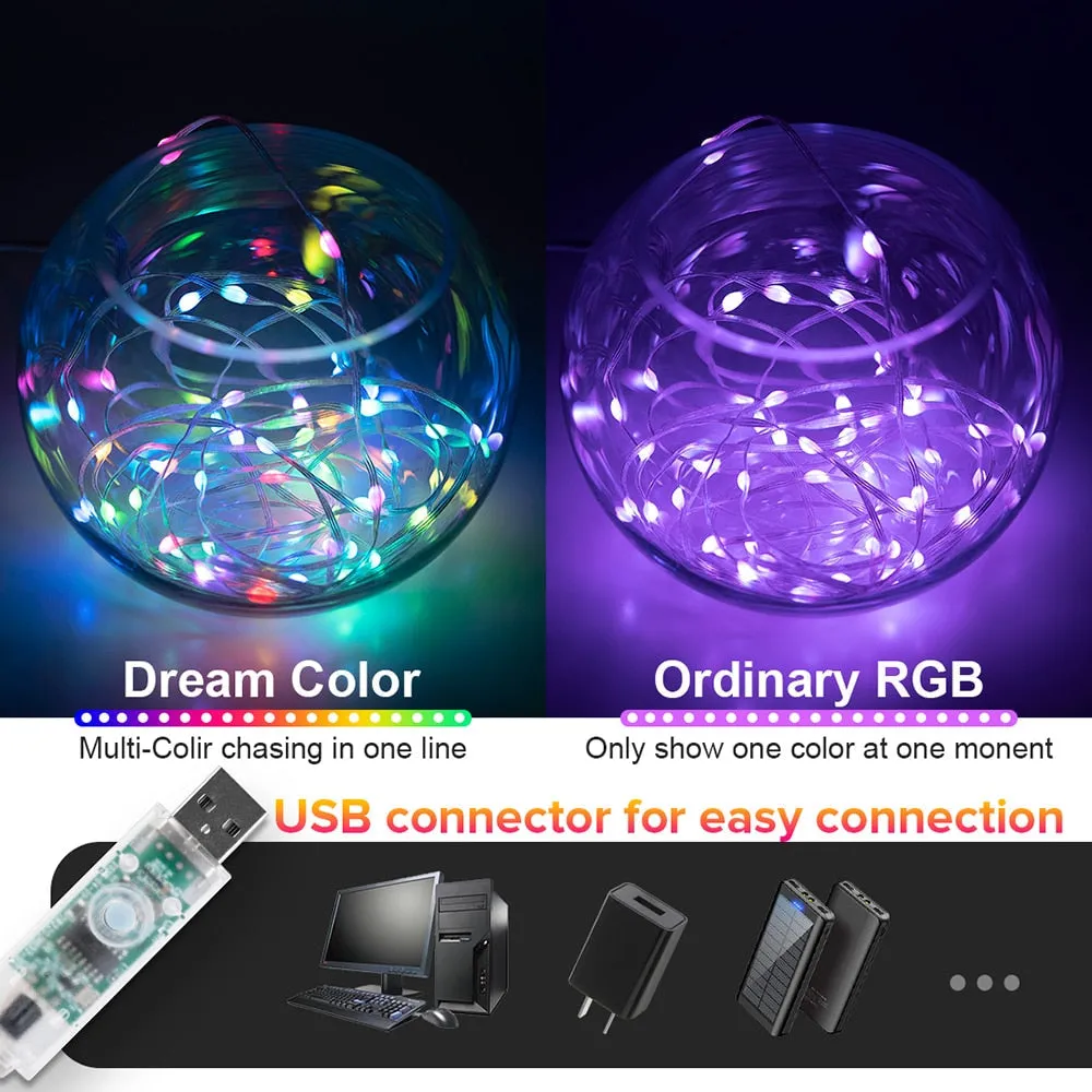 Dreamcolor Christmas Lights String BT Music WS2812B RGBIC Addressable Party Wedding Garland Outdoor USB DC5V