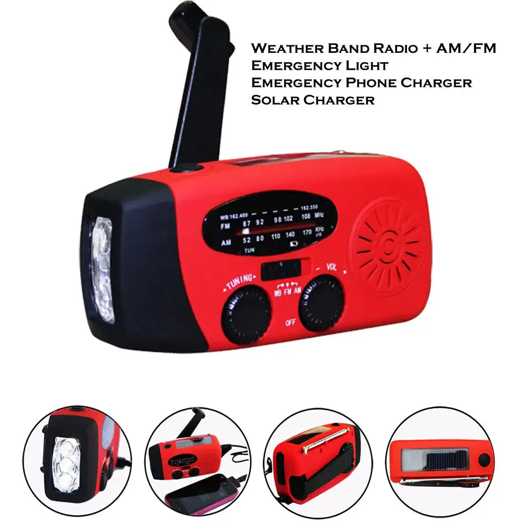 Emergency AM/FM/NOAA Weather Band Radio w Hand Crank. Flash Light. USB Charger.