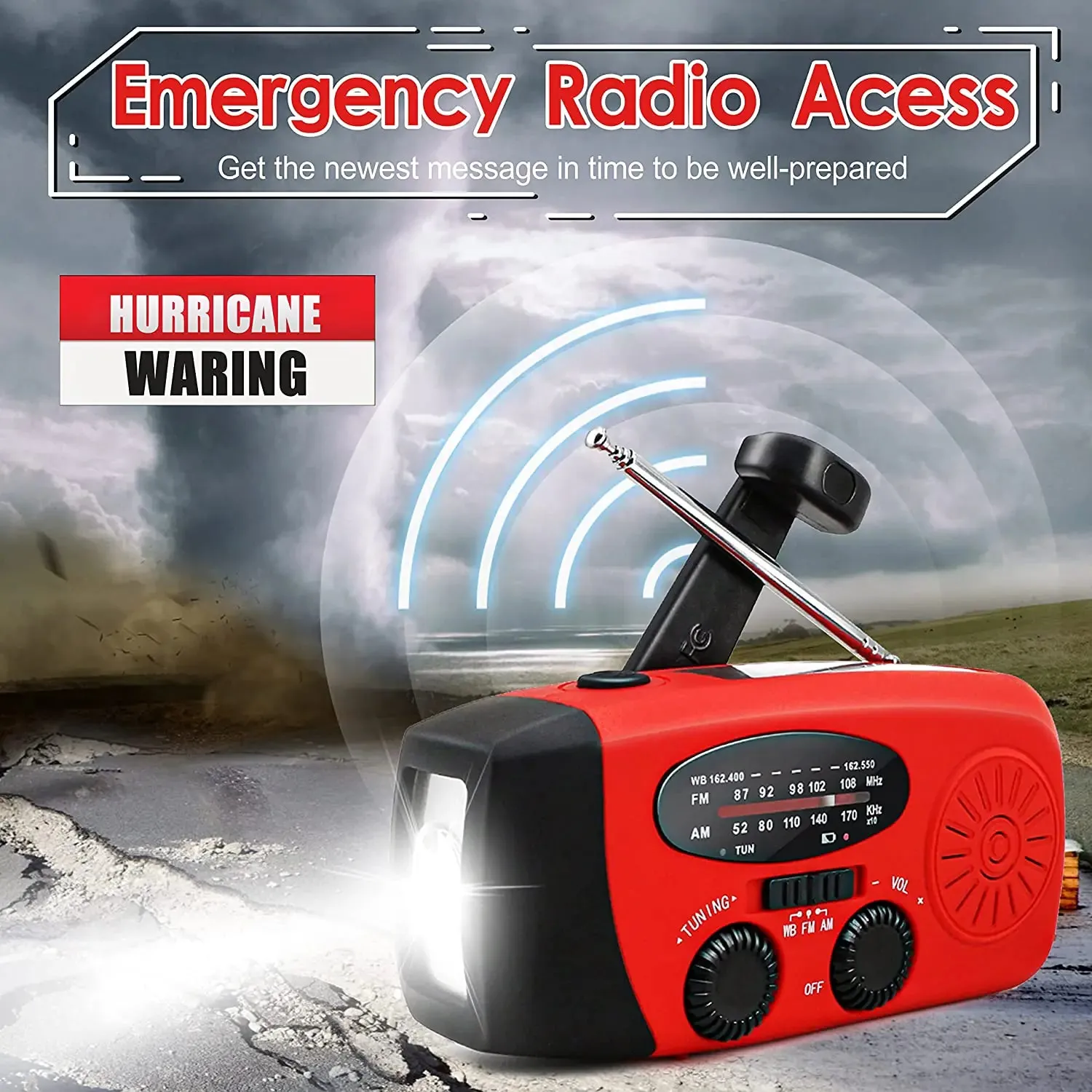 Emergency AM/FM/NOAA Weather Band Radio w Hand Crank. Flash Light. USB Charger.