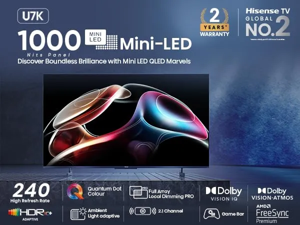 Hisense 139 cm (55 inches) 4K Ultra HD Smart Mini LED QLED TV 55U7K (Black)