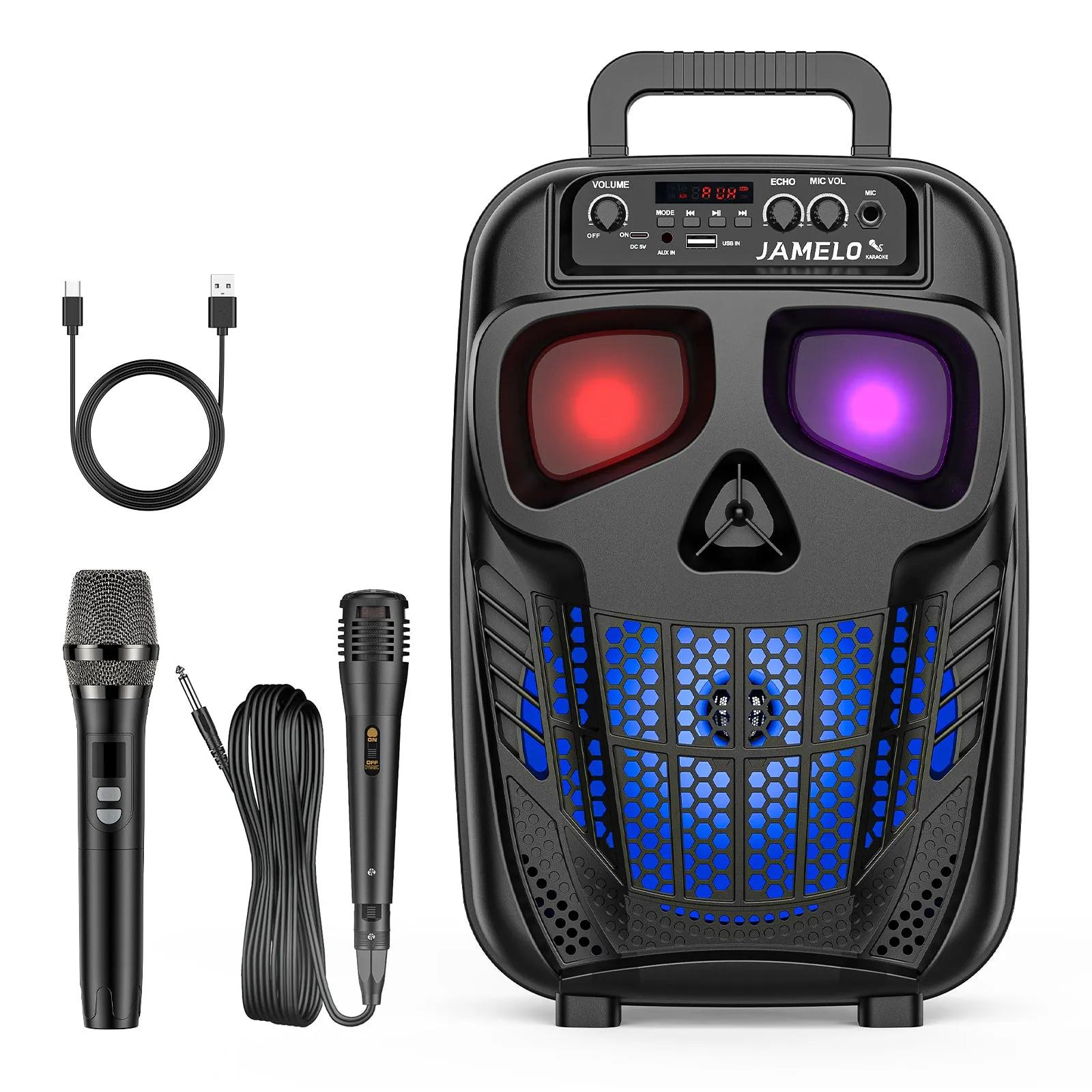 JAMELO Q2 Skull Karaoke Machine Speaker Rechargeable w/ Microphones