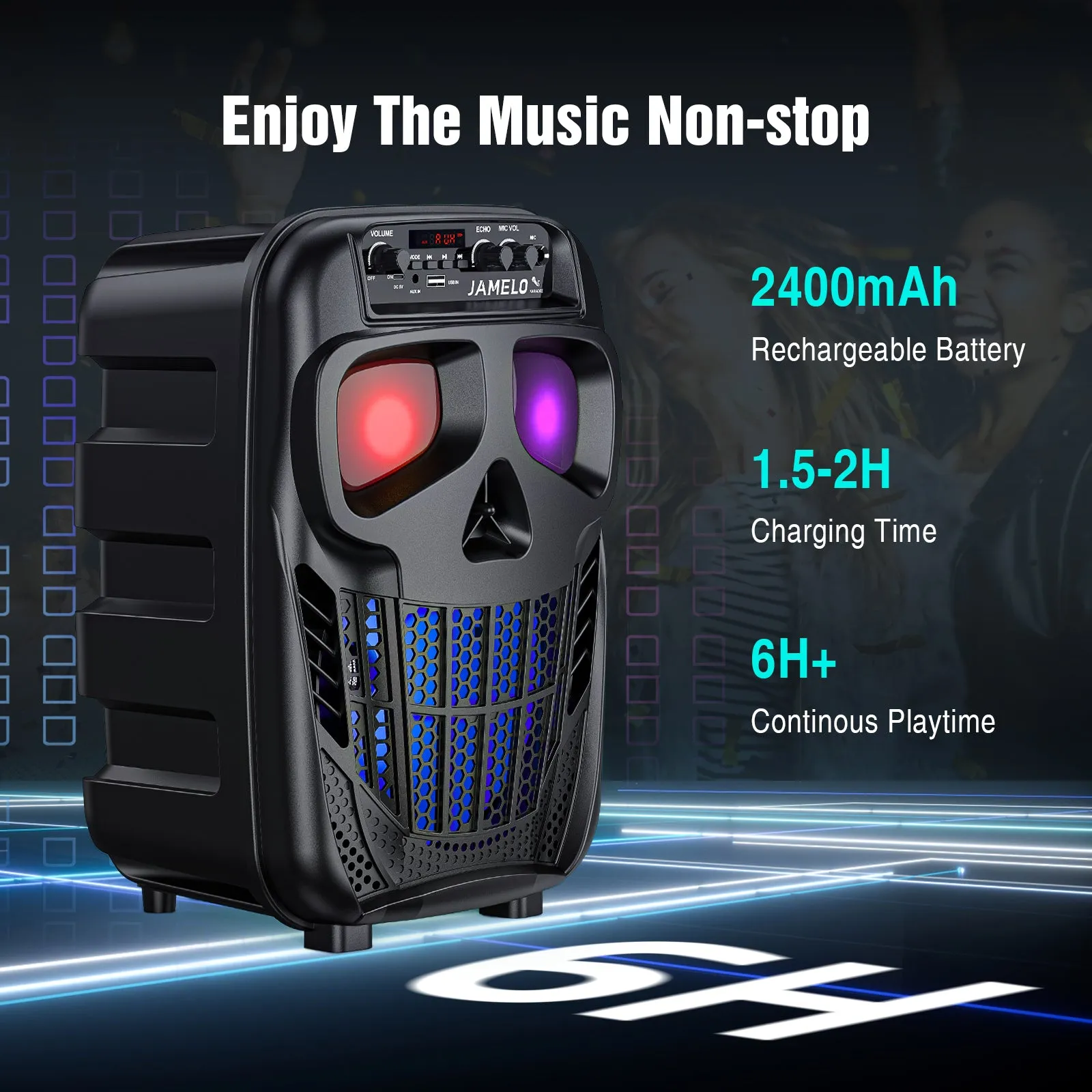 JAMELO Q2 Skull Karaoke Machine Speaker Rechargeable w/ Microphones