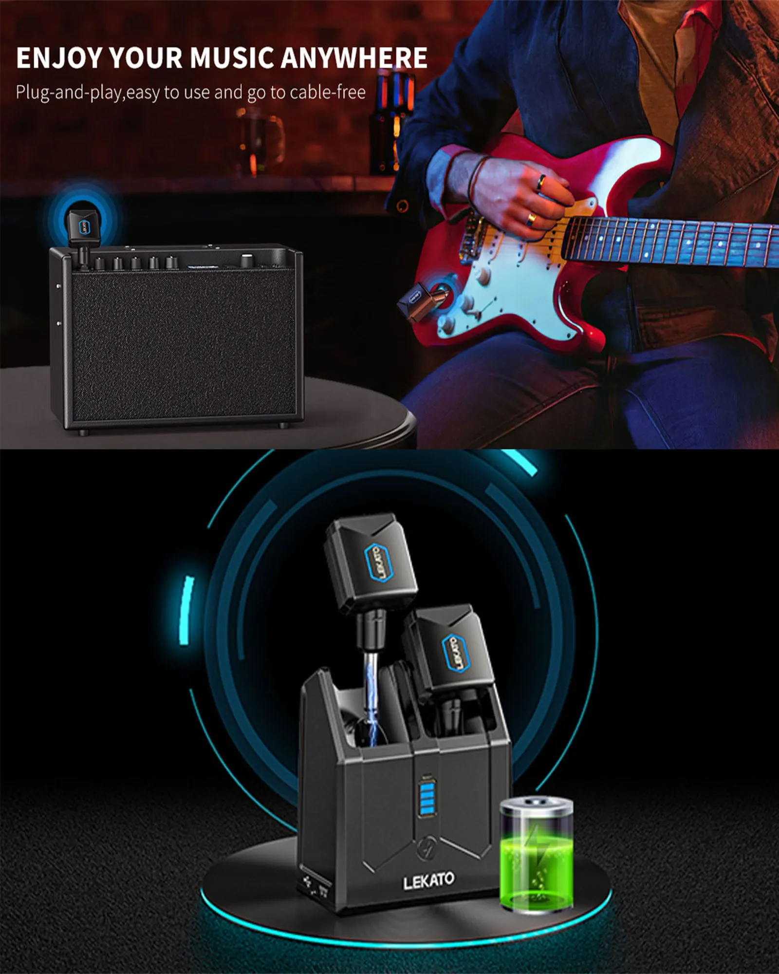 LEKATO JW-06 Advanced 5.8GHz Rechargeable Wireless Guitar System with Convenient Charging Box