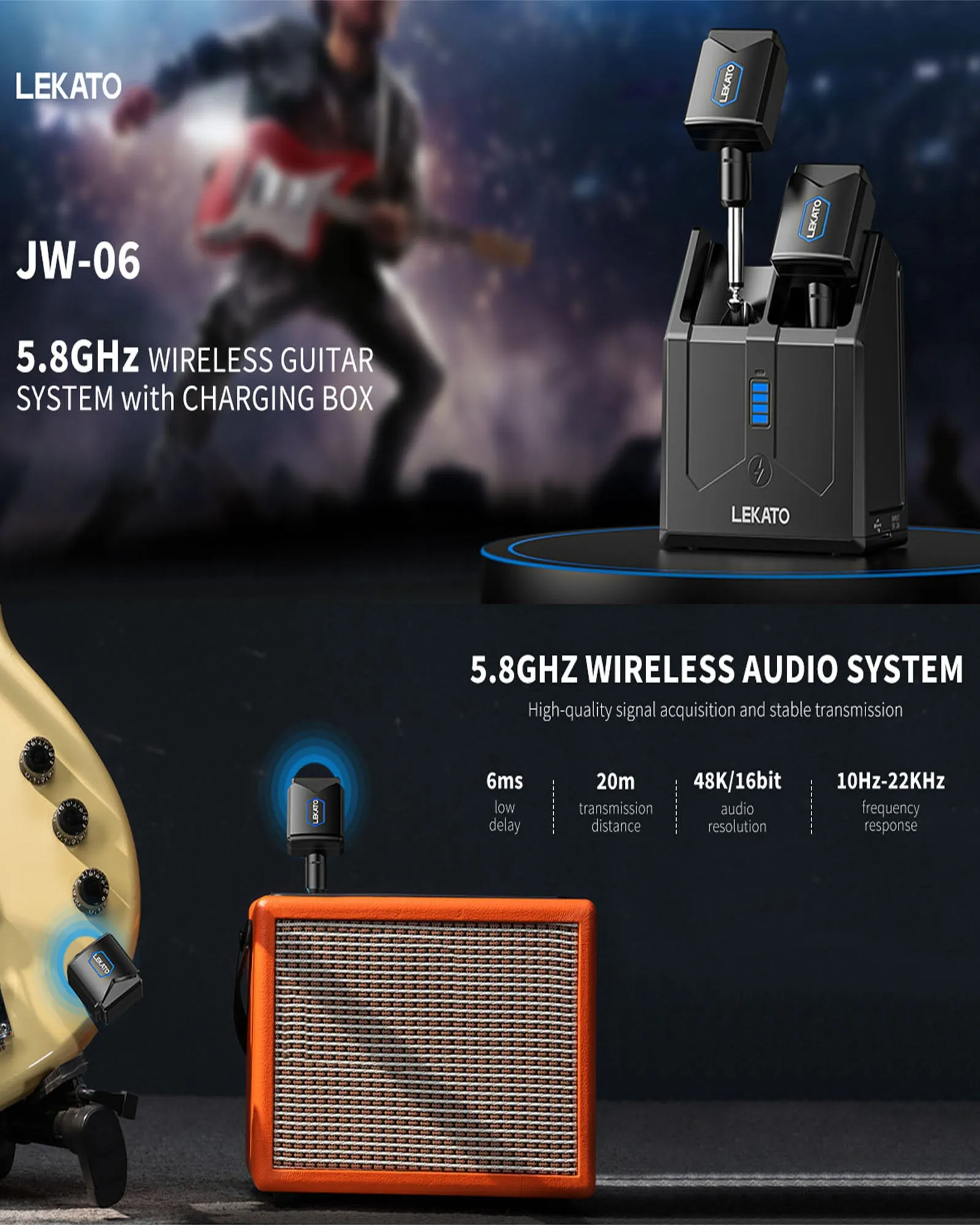 LEKATO JW-06 Advanced 5.8GHz Rechargeable Wireless Guitar System with Convenient Charging Box