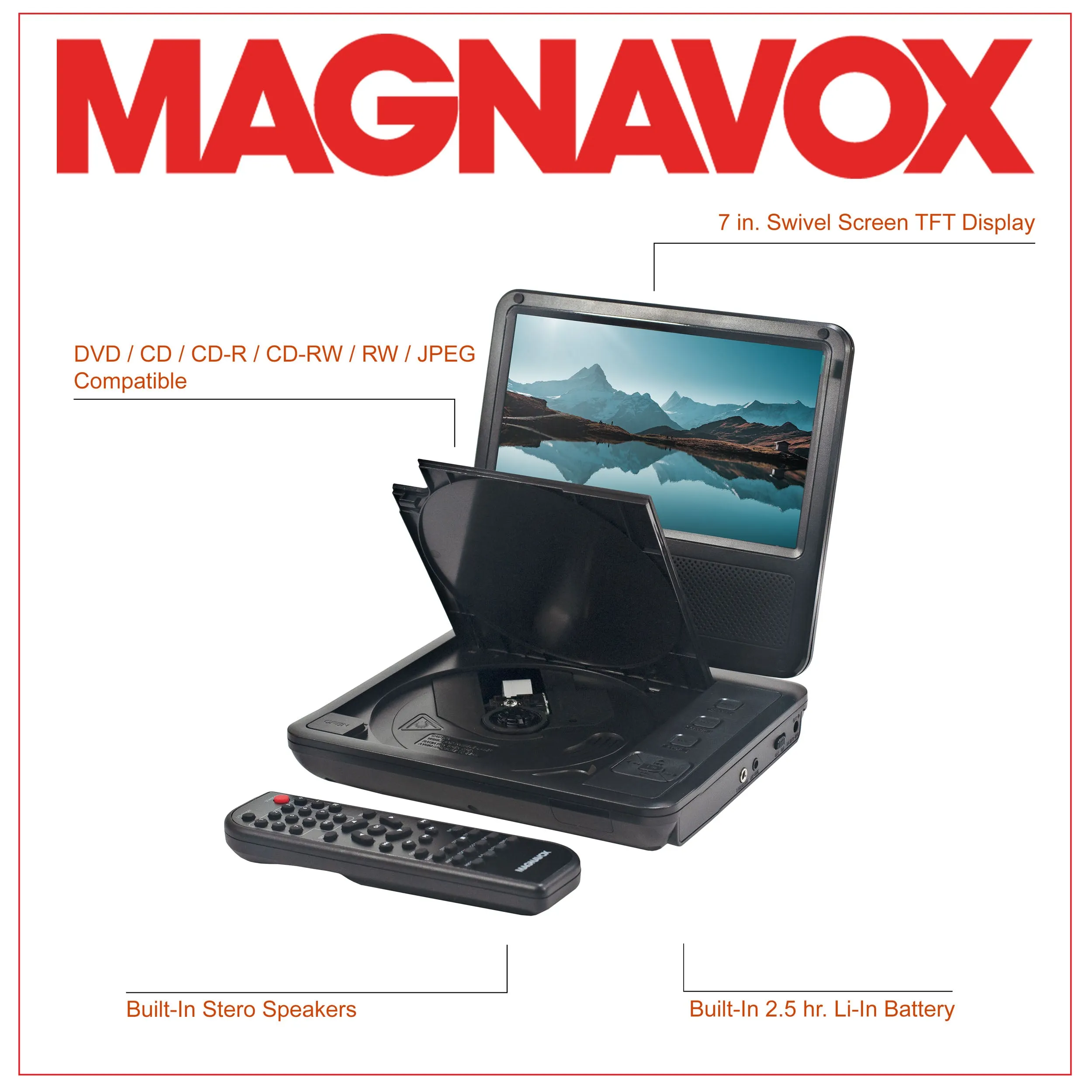 Magnavox MTFT716N-BK Portable 7 Inch TFT Swivel Screen DVD/CD Player in Black