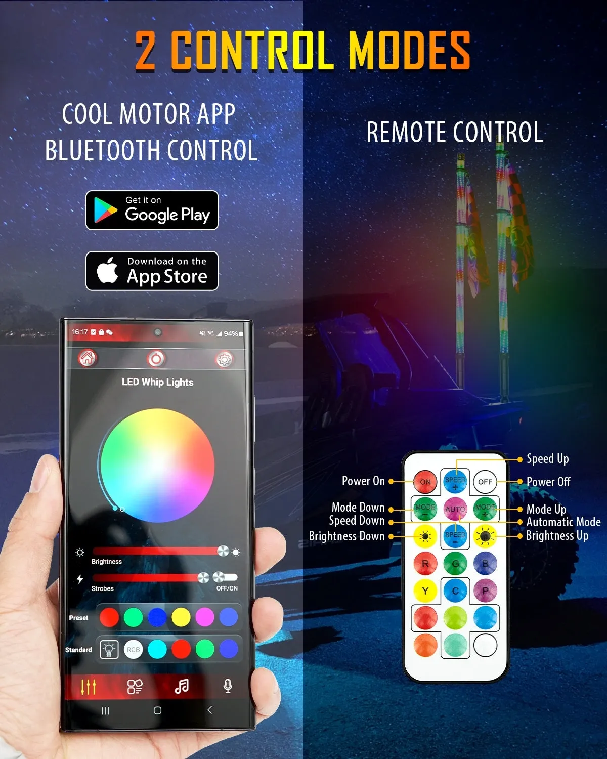 New 3.8FT LED RGB Whip Lights with Turn Signal & Brake Light, Bluetooth APP/ Remote Control