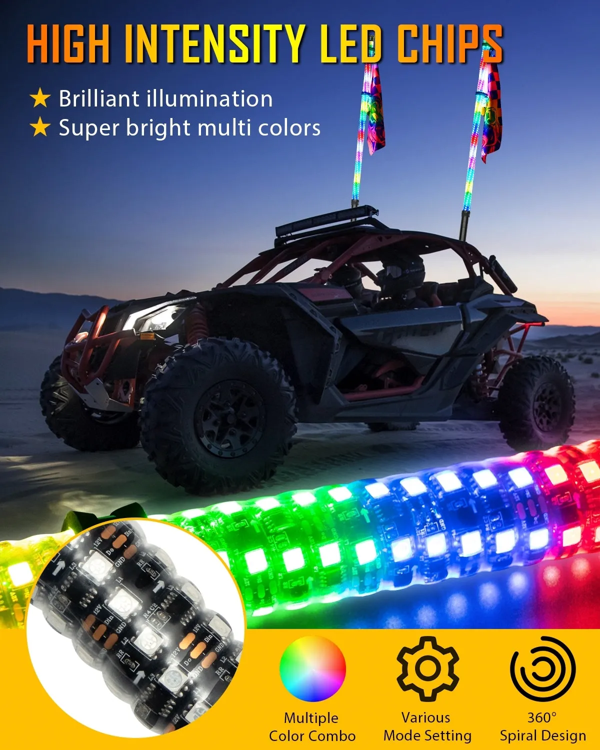 New 3.8FT LED RGB Whip Lights with Turn Signal & Brake Light, Bluetooth APP/ Remote Control