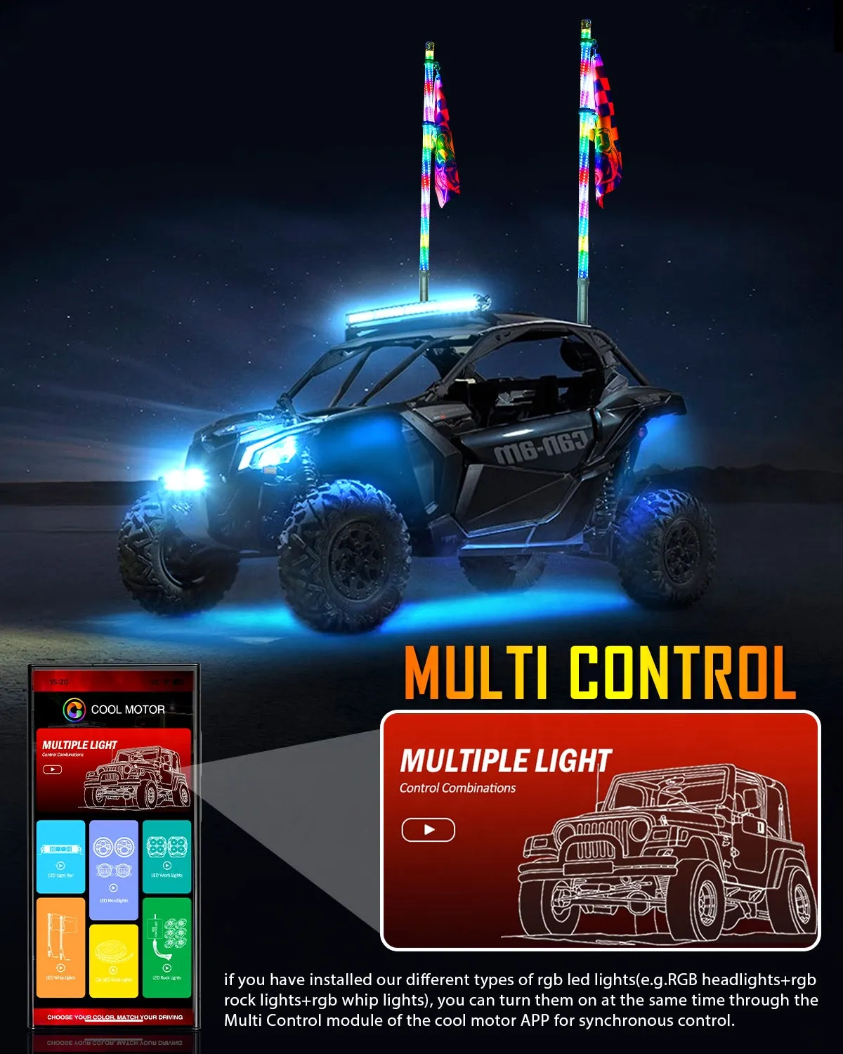 New 3.8FT LED RGB Whip Lights with Turn Signal & Brake Light, Bluetooth APP/ Remote Control