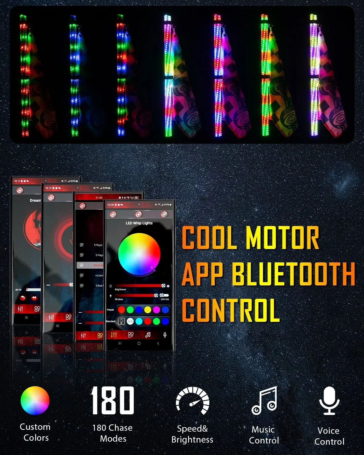 New 3.8FT LED RGB Whip Lights with Turn Signal & Brake Light, Bluetooth APP/ Remote Control