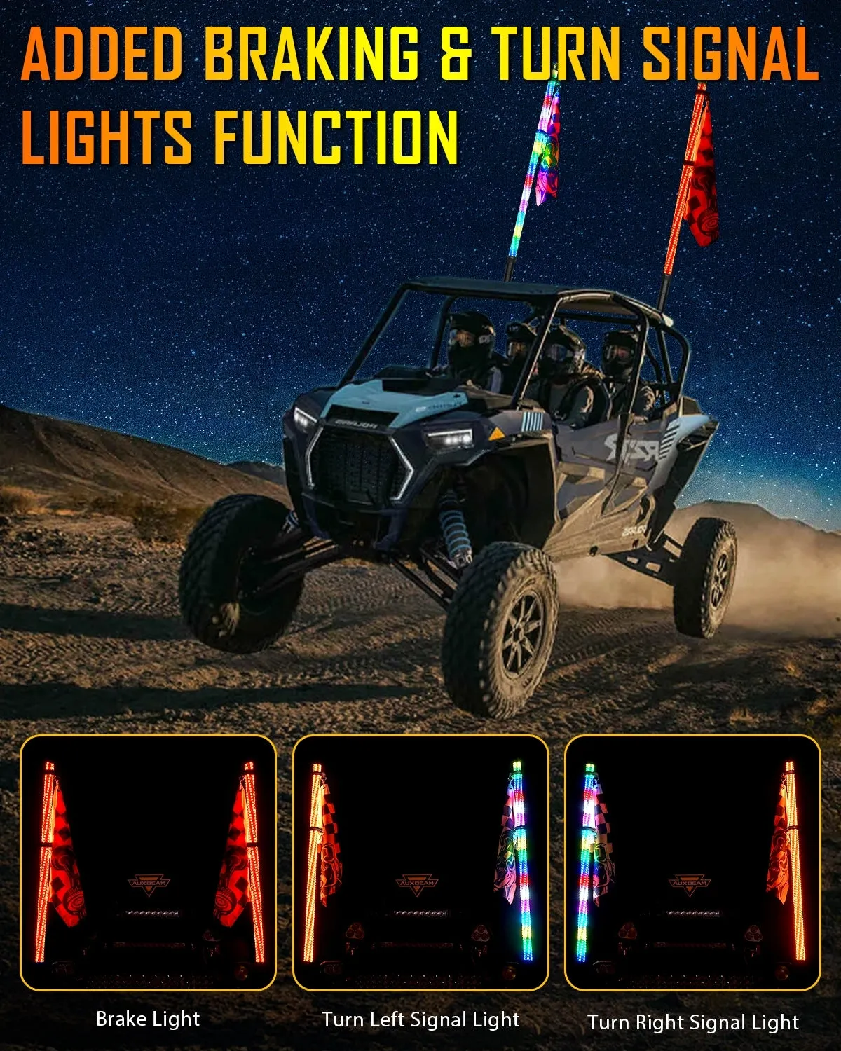 New 3.8FT LED RGB Whip Lights with Turn Signal & Brake Light, Bluetooth APP/ Remote Control