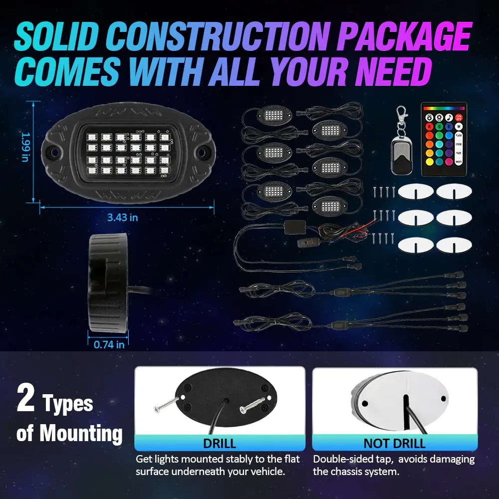 RGBW LED Rock Lights Kit With Bluetooth App & Wireless Remote Control, Multicolor Neon Underglow Lights